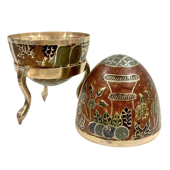 Enameled Cloisonne Brass Egg Trinket Box with Brass Stand Fruit & Flower Design. - Picture 6 of 15